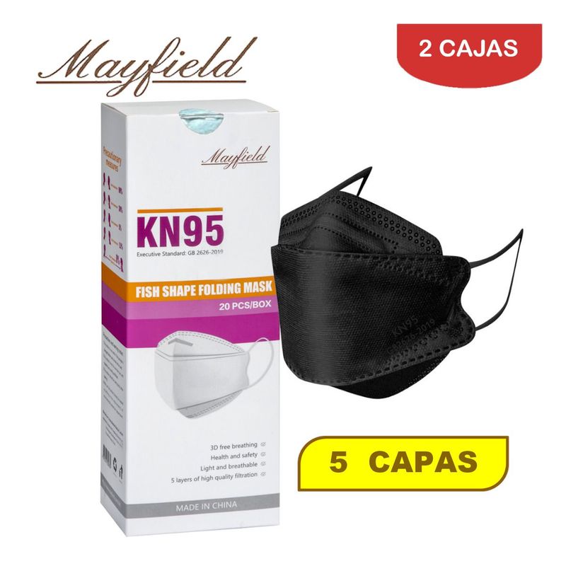 MAYFIELD - Mascarilla KN95 Fish 3D negro caja*20und MAYFIELD 5 capas.Pack 2 cajas