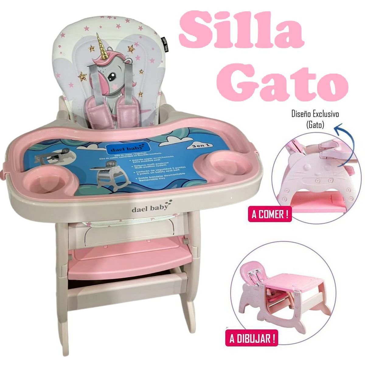 GENERICO - Silla de comer DAEL con escritorio 3 en 1 Rosado