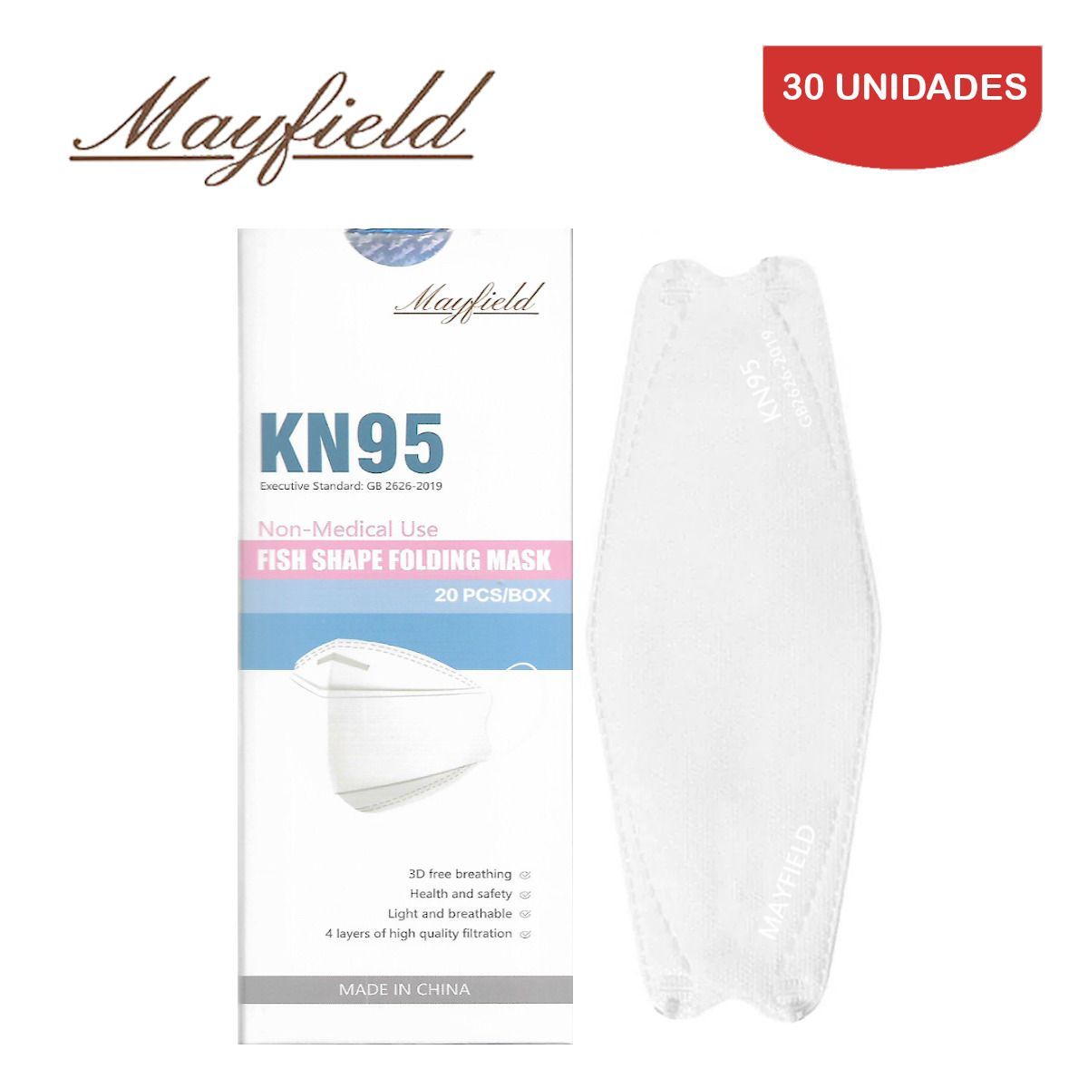 MAYFIELD - Mascarilla KN95 Fish Shape 3D blanco 30 unidades MAYFIELD
