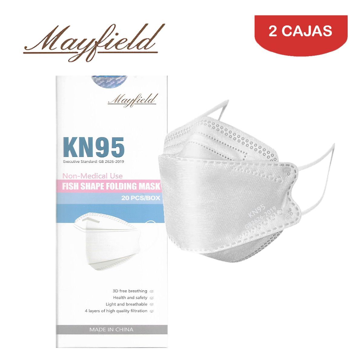 MAYFIELD - Mascarilla KN95 Fish Shape 3D blanco caja*20und MAYFIELD. Pack 2 cajas