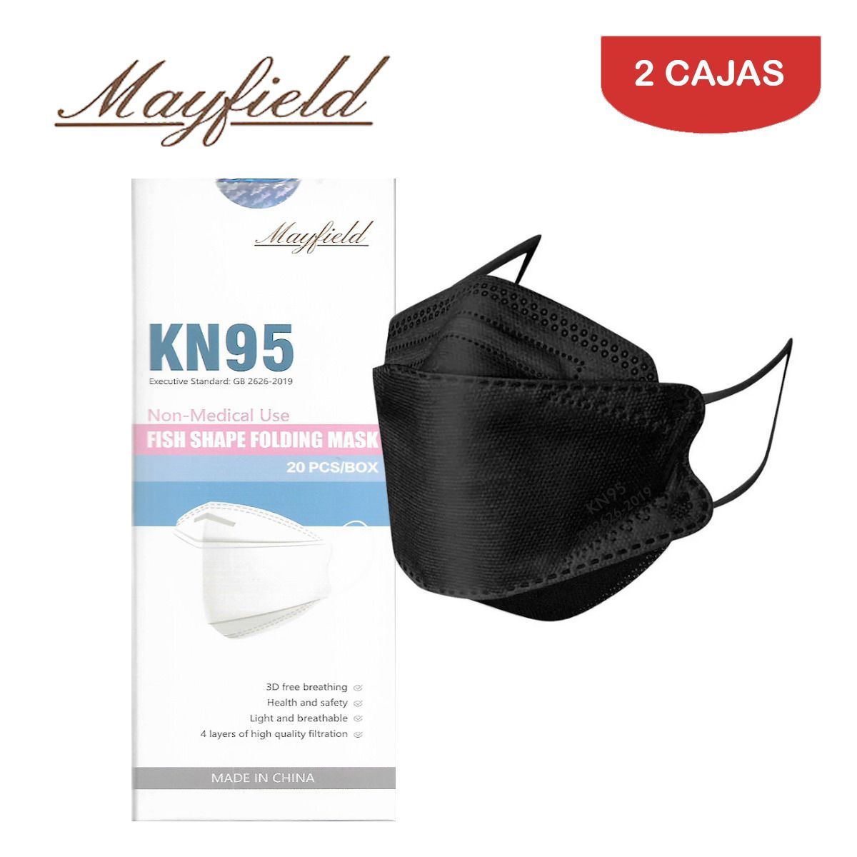 MAYFIELD - Mascarilla KN95 Fish Shape 3D negro caja*20und MAYFIELD. Pack 2 cajas