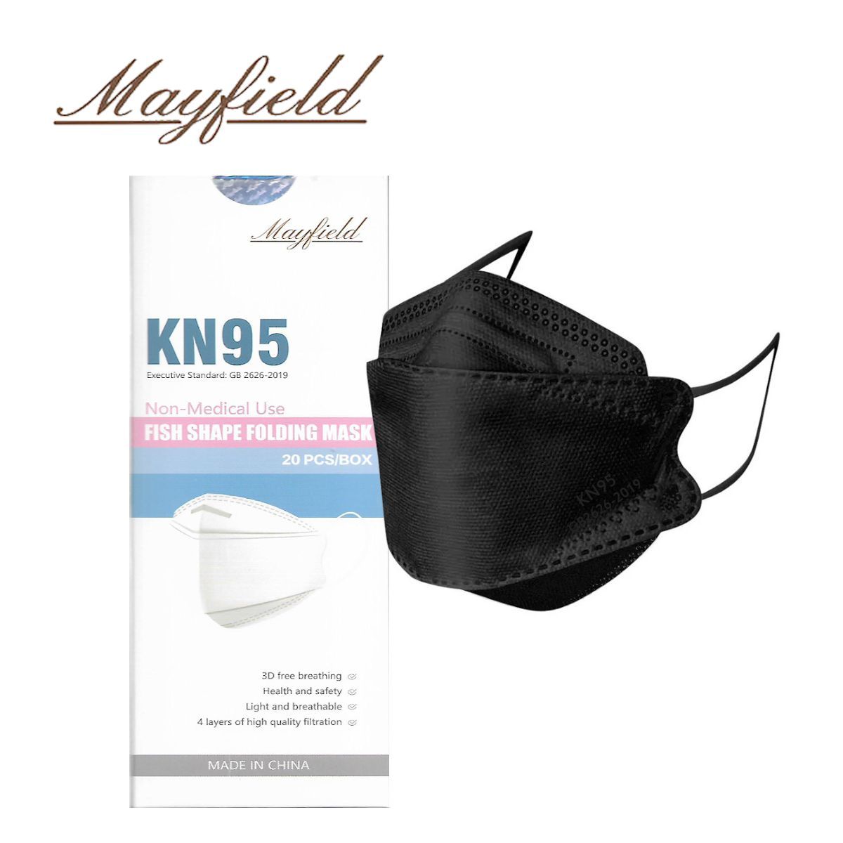 MAYFIELD - Mascarilla KN95 Fish Shape 3D negro caja20und MAYFIELD