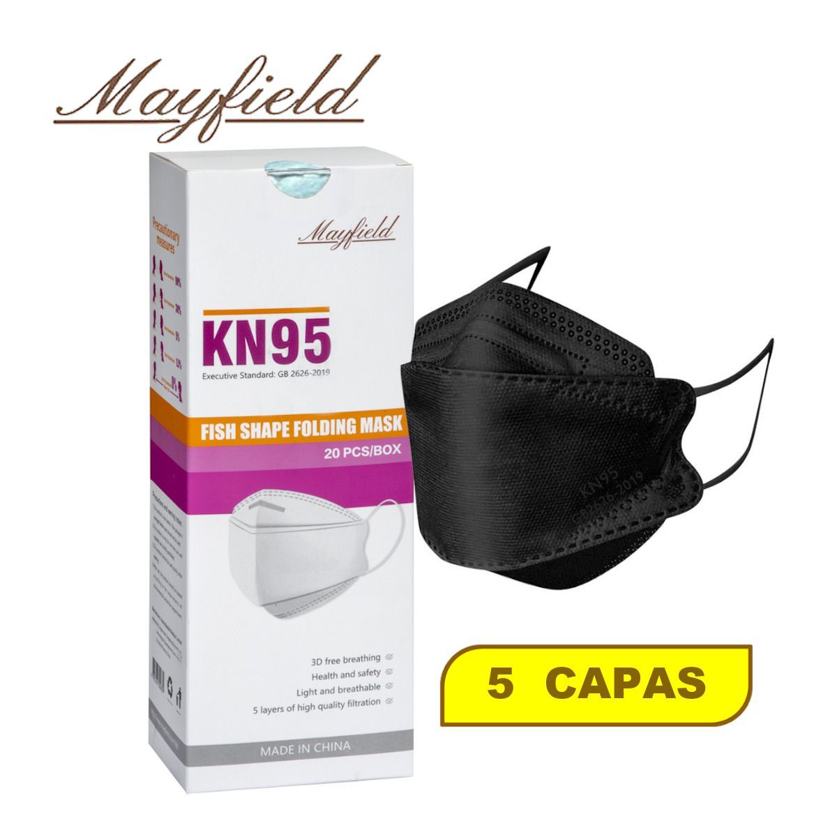 MAYFIELD - Mascarilla KN95 Fish Shape 3D negro caja20und MAYFIELD 5 capas