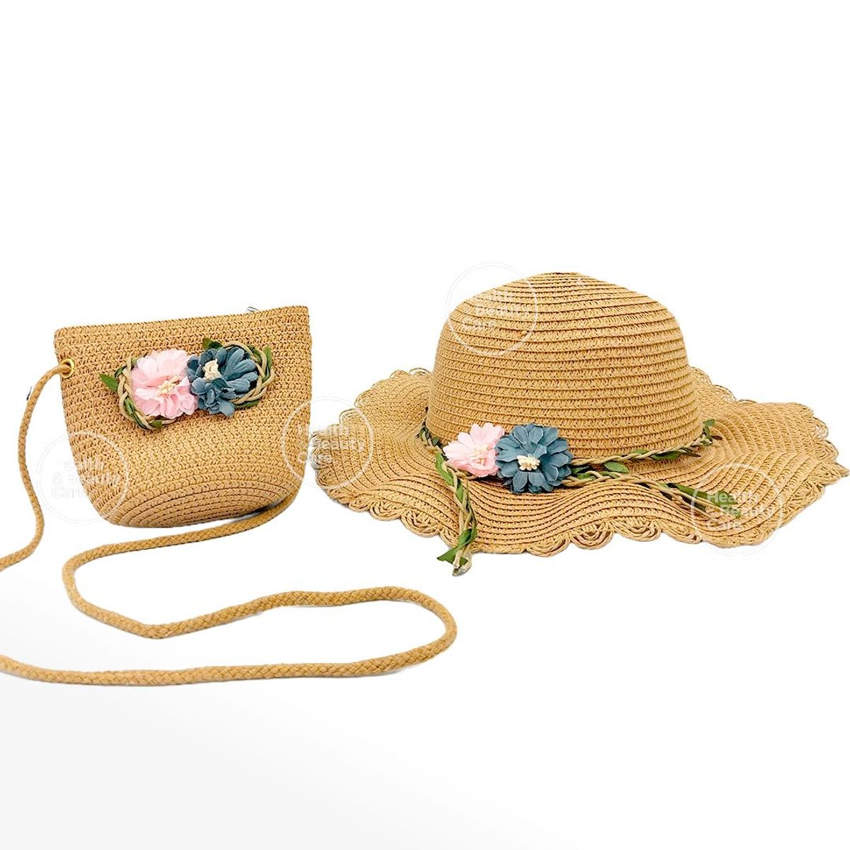 GENERICO - SOMBRERO DE PAJA CON FLORES MAS BOLSO PARA NIÑA COLOR BEIGE OSCURO