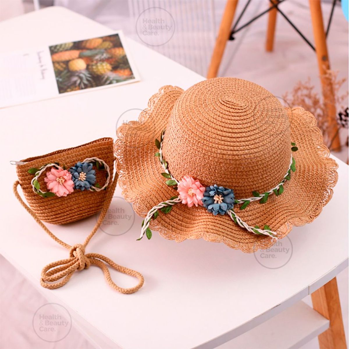 GENERICO - SOMBRERO DE PAJA CON FLORES MAS BOLSO PARA NIÑA COLOR BEIGE OSCURO