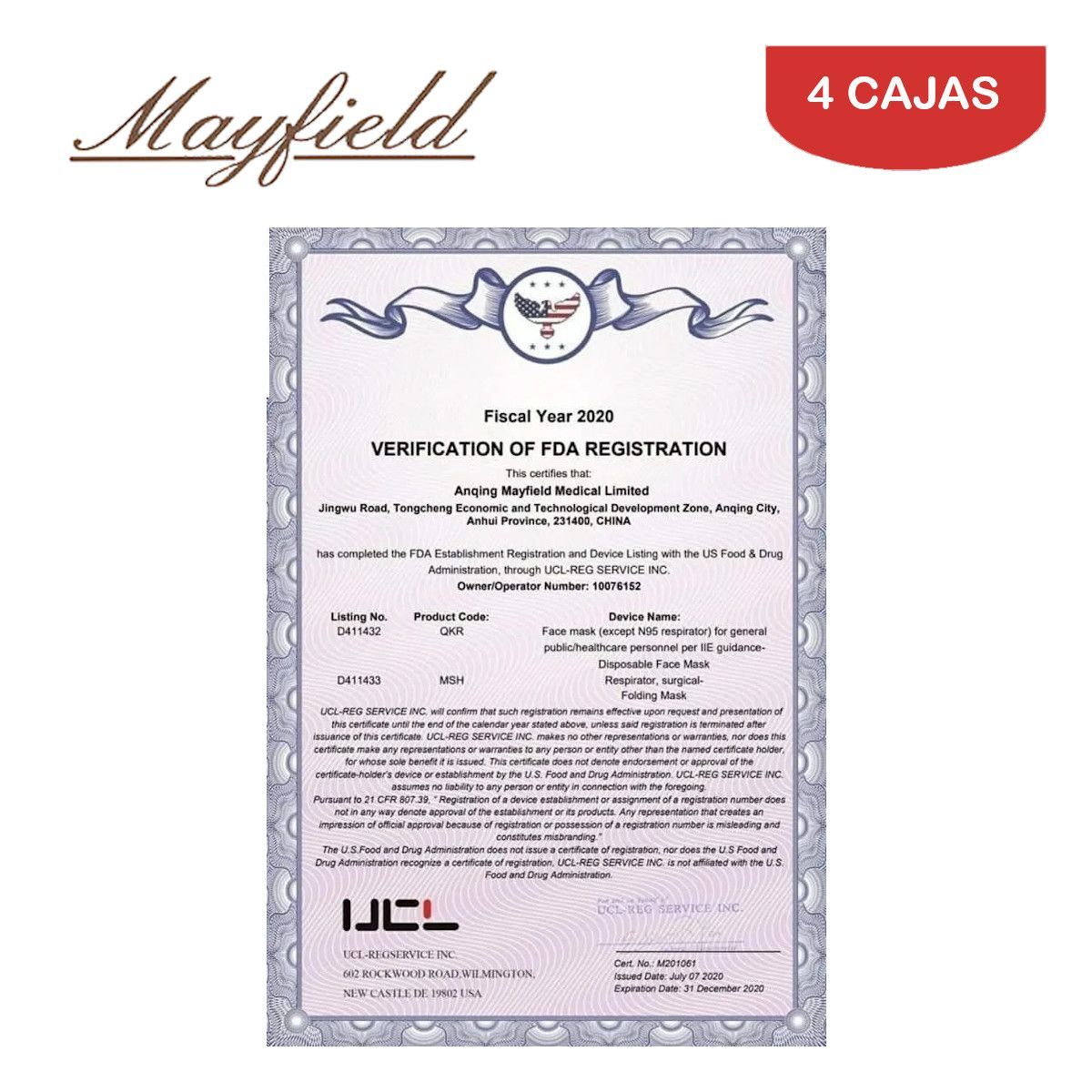 MAYFIELD - Mascarilla quirúrgica 3 capas celeste caja*50und MAYFIELD.Pack 4 cajas