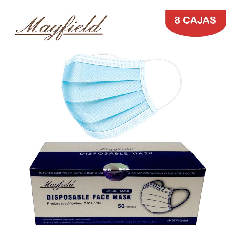 MAYFIELD - Mascarilla quirúrgica 3 capas celeste caja*50und MAYFIELD.Pack 8 cajas