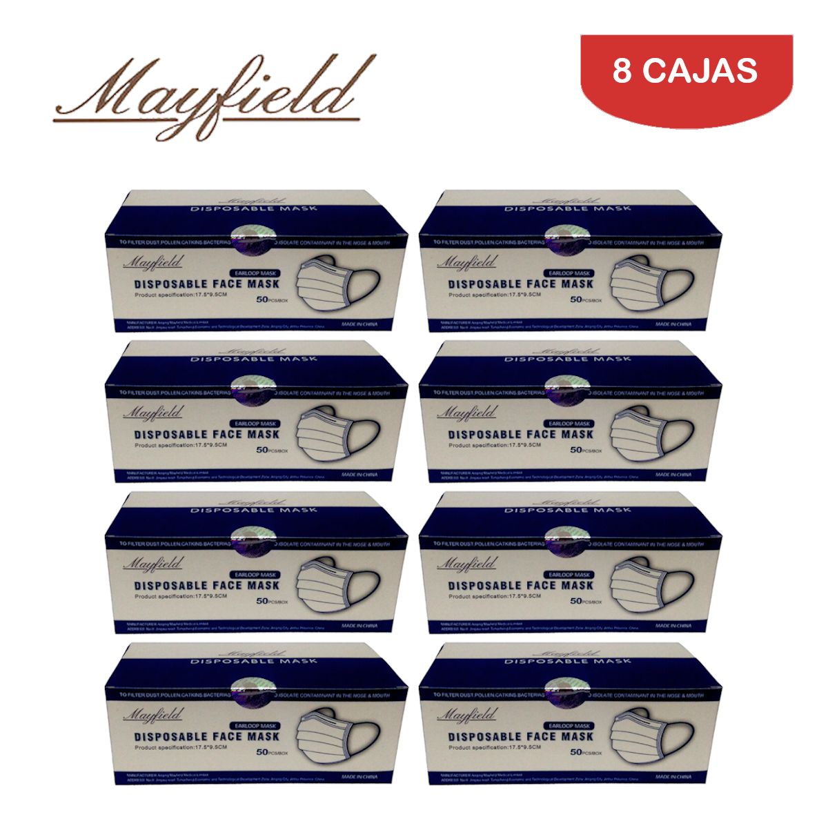 MAYFIELD - Mascarilla quirúrgica 3 capas celeste caja*50und MAYFIELD.Pack 8 cajas