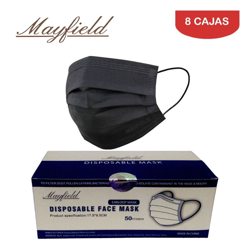 MAYFIELD - Mascarilla quirúrgica 3 capas negro caja*50und MAYFIELD. Pack 8 cajas