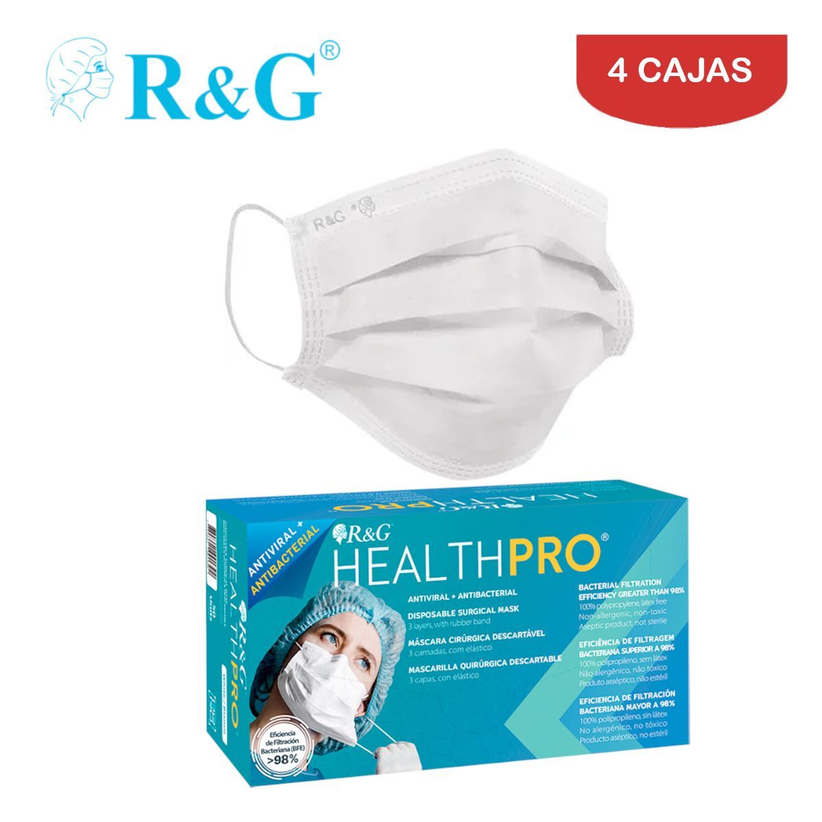 R&G - Mascarilla quirúrgica HEALTH PRO 3capas 3plie caja*50 R&G.Pack 4 cajas
