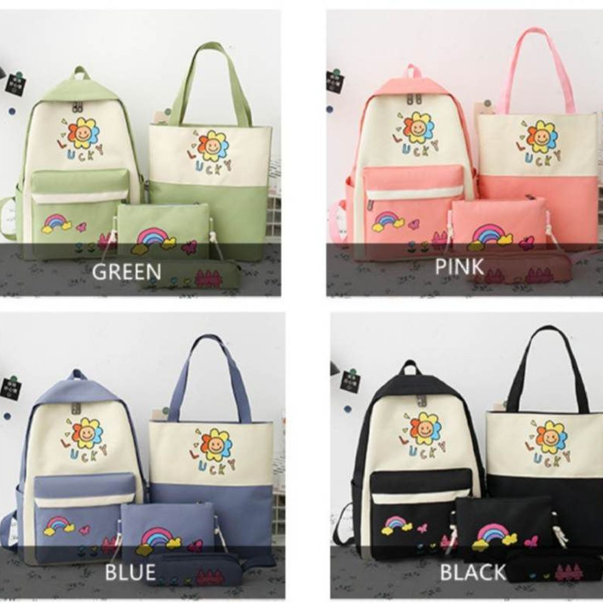 GENERICO - Mochila Kawai Set 4 en 1 Modelo Girasol de Damas Niñas