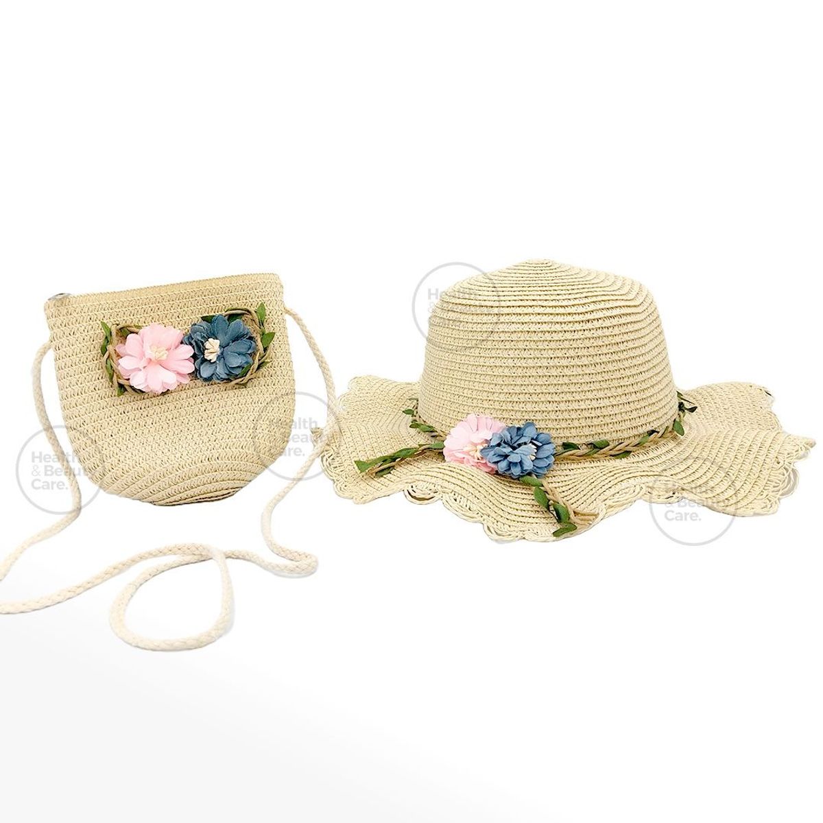 GENERICO - SOMBRERO DE PAJA CON FLORES MAS BOLSO PARA NIÑA COLOR CREMA