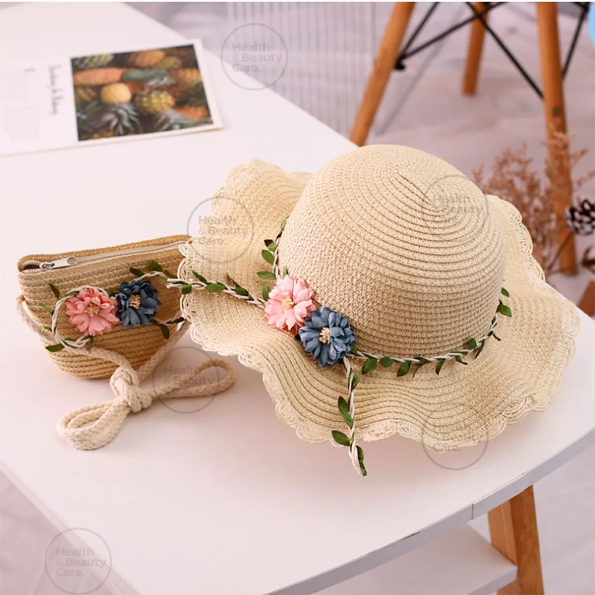 GENERICO - SOMBRERO DE PAJA CON FLORES MAS BOLSO PARA NIÑA COLOR CREMA