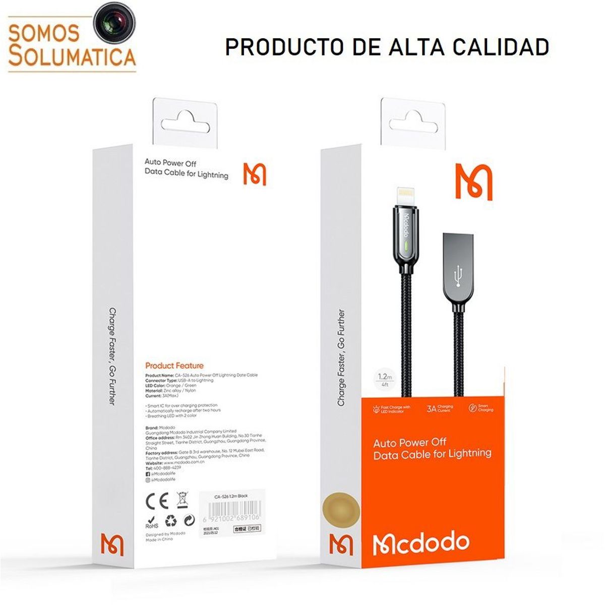 MCDODO - Cable Usb Lightning 3A - Carga Inteligente Autoapagado - Mcdodo