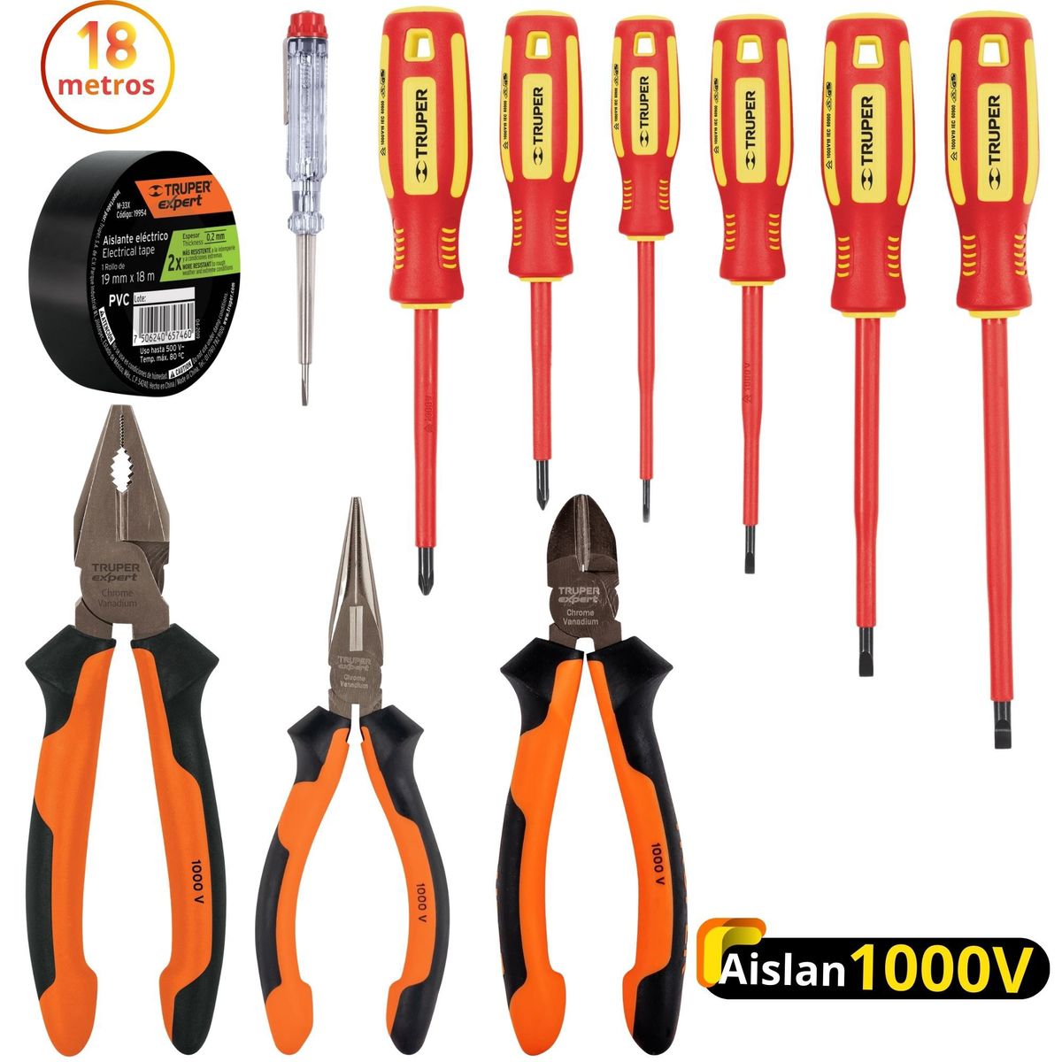 TRUPER - KIT Alicates dieléctricos, 6 desarmadores 1000V probador de fase,