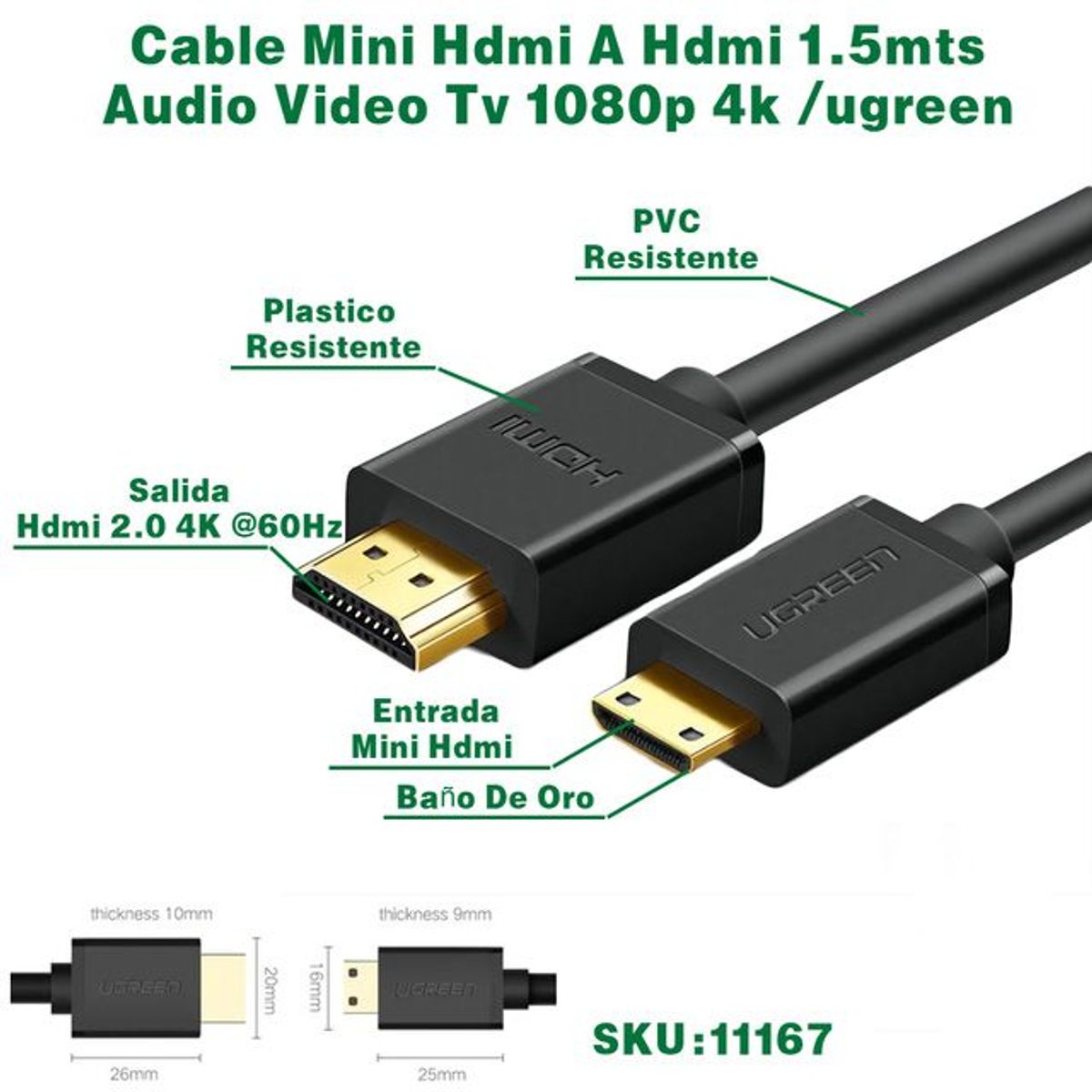 UGREEN - Cable Adaptador Mini Hdmi A Hdmi Ugreen 1.5 Metros, 4k, 60hz