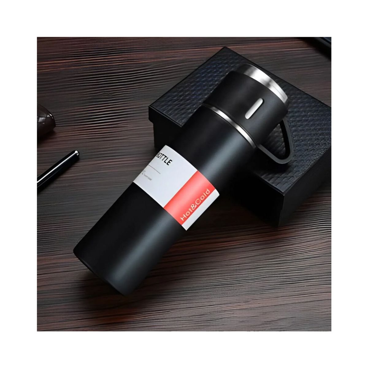 GENERICO - Set Termo Para Agua Caliente/fría + 3 Tazas de 500 ml - Negro