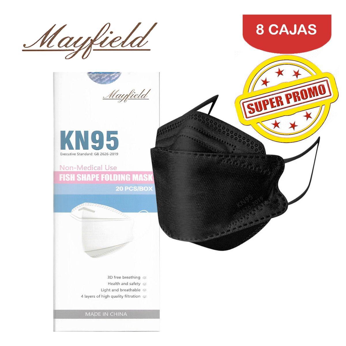 MAYFIELD - Mascarilla KN95 Fish Shape 3D negro caja*20und MAYFIELD. Pack 8 cajas