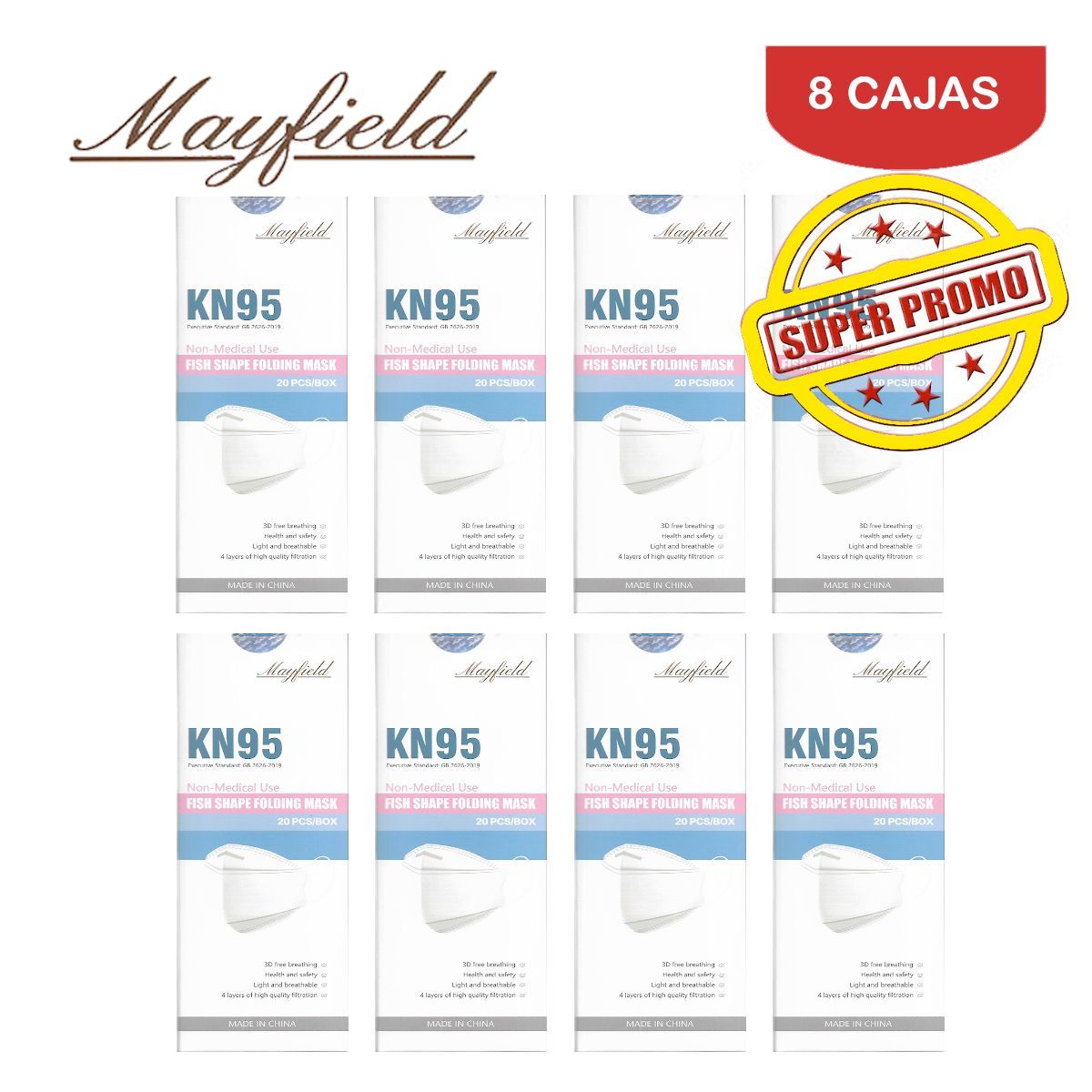 MAYFIELD - Mascarilla KN95 Fish Shape 3D negro caja*20und MAYFIELD. Pack 8 cajas