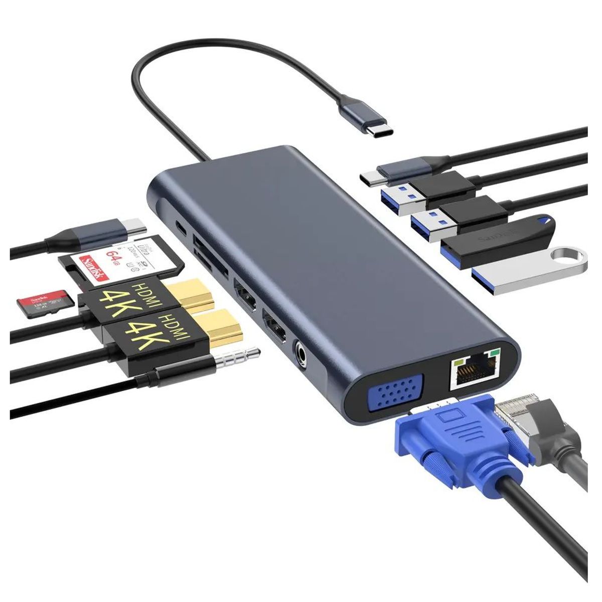 OEM - Hub Adaptador 13 en 1 Tipo C Gigabit Multiport Hdmi Vga - Aluminio