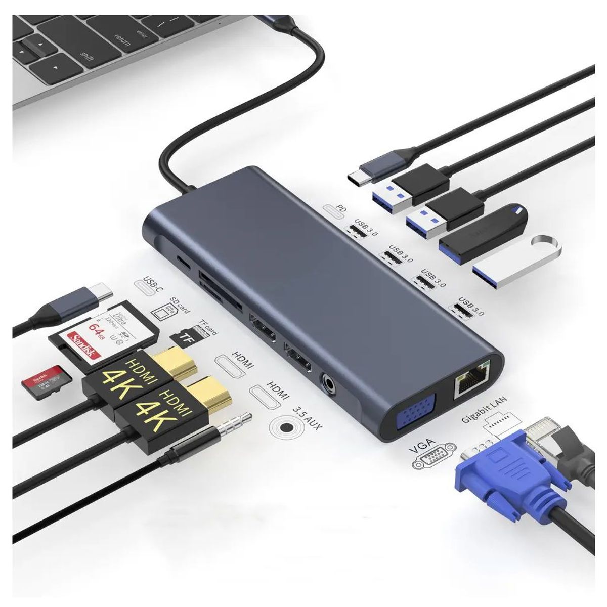 OEM - Hub Adaptador 13 en 1 Tipo C Gigabit Multiport Hdmi Vga - Aluminio