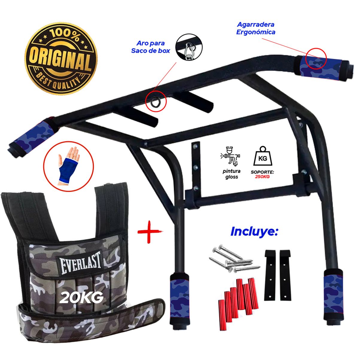 HOLGU - Barra Dominadas 2en1  Chaleco 20kg  Guantes Regalo