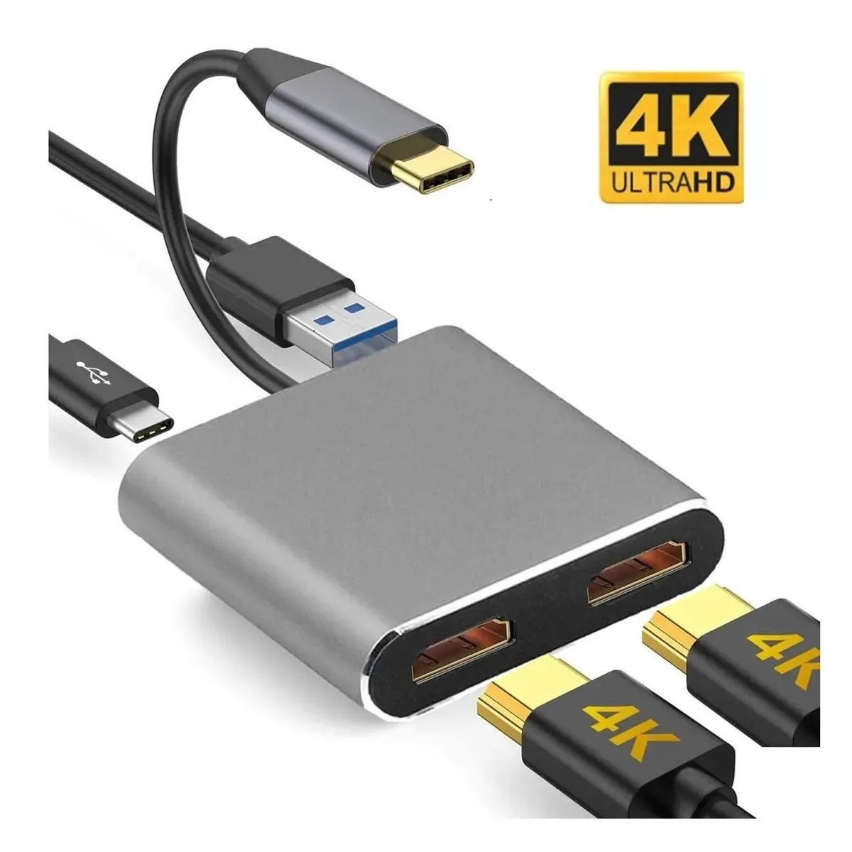 OEM - Convertidor Adaptador 4 en 1 Tipo C a Dual 4K HDMI/ USB 3.0/ Tipo C PD