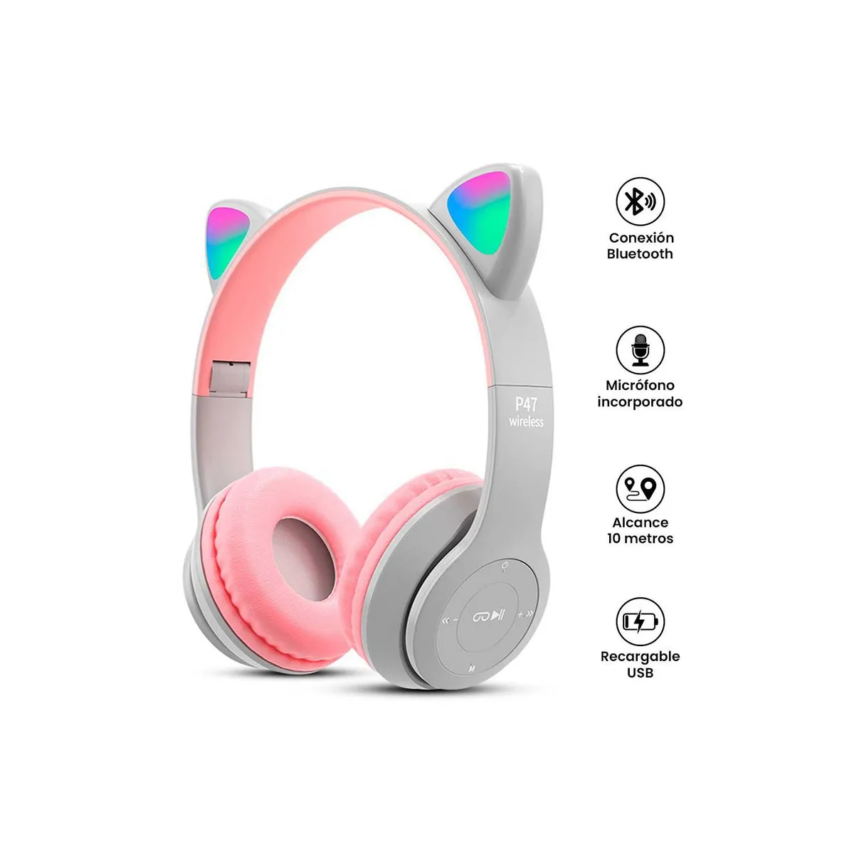 GENERICO - Audifonos Inalámbricos P47M RGB Gato - Plomo