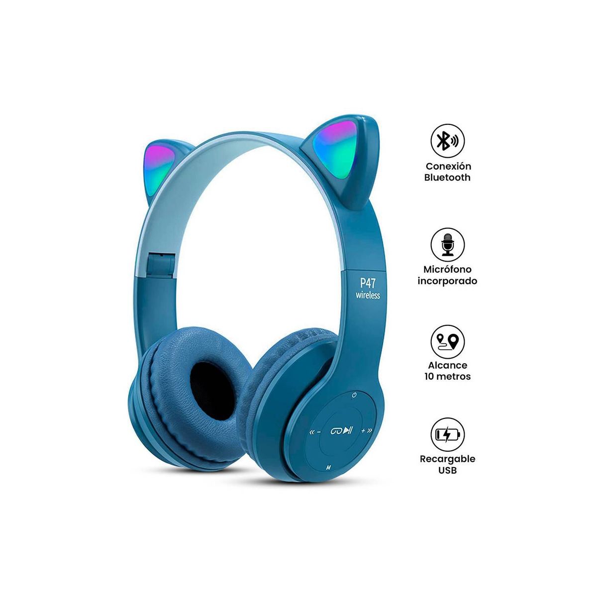 GENERICO - Audifonos Inalámbricos P47M RGB Gato - AZUL