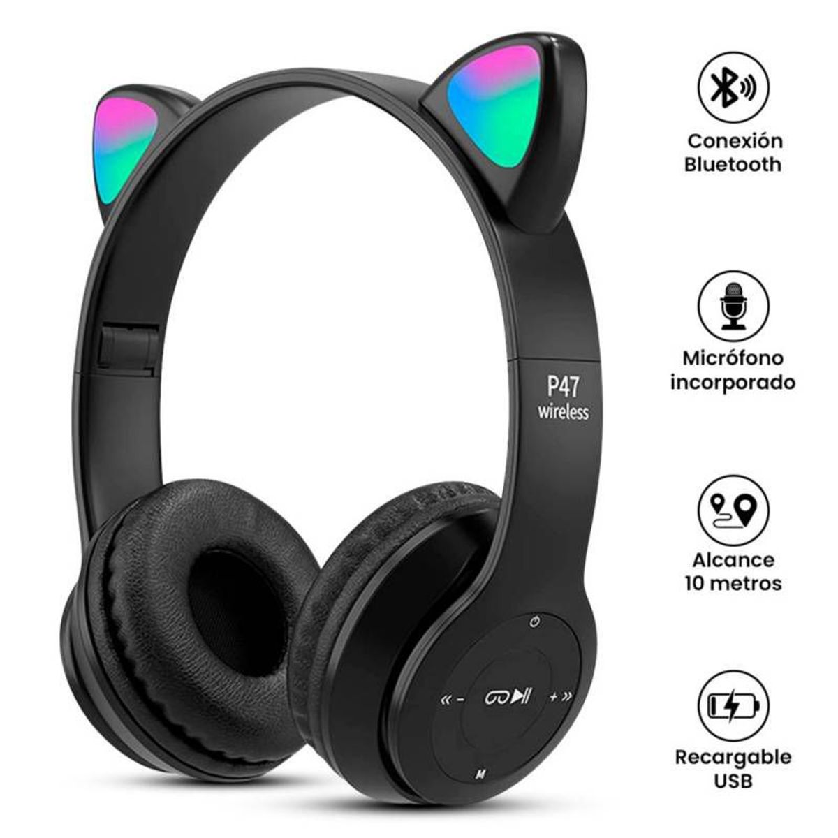 GENERICO - Audifonos Inalámbricos P47M RGB Gato - NEGRO