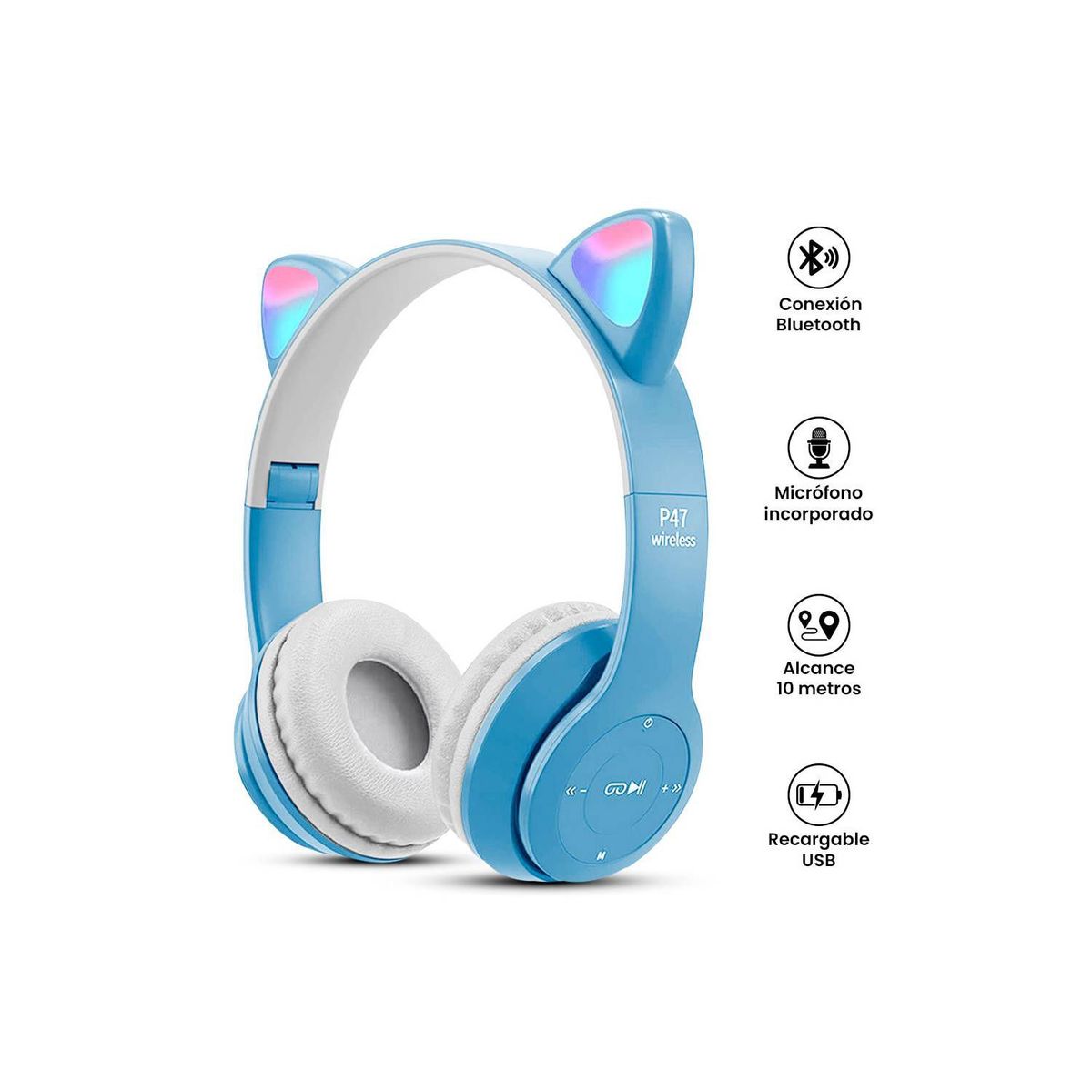 GENERICO - Audifonos Inalámbricos P47M RGB Gato - CELESTE