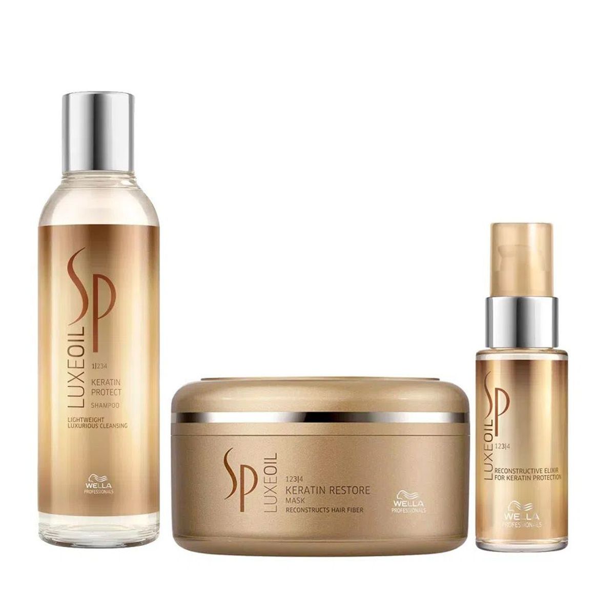 WELLA - Shampoo Protector Keratina 200 + Mascarilla+ Elixir Sp Luxe Oil Wella