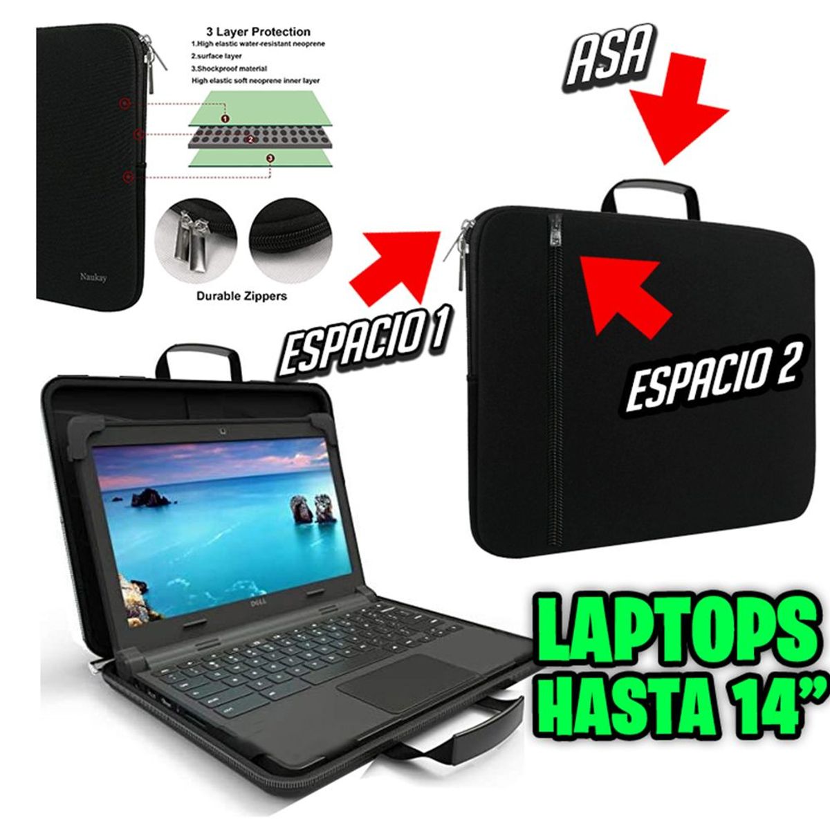 OEM - Funda maletin para laptop hasta 14 doble cierre maletin mochila c asa