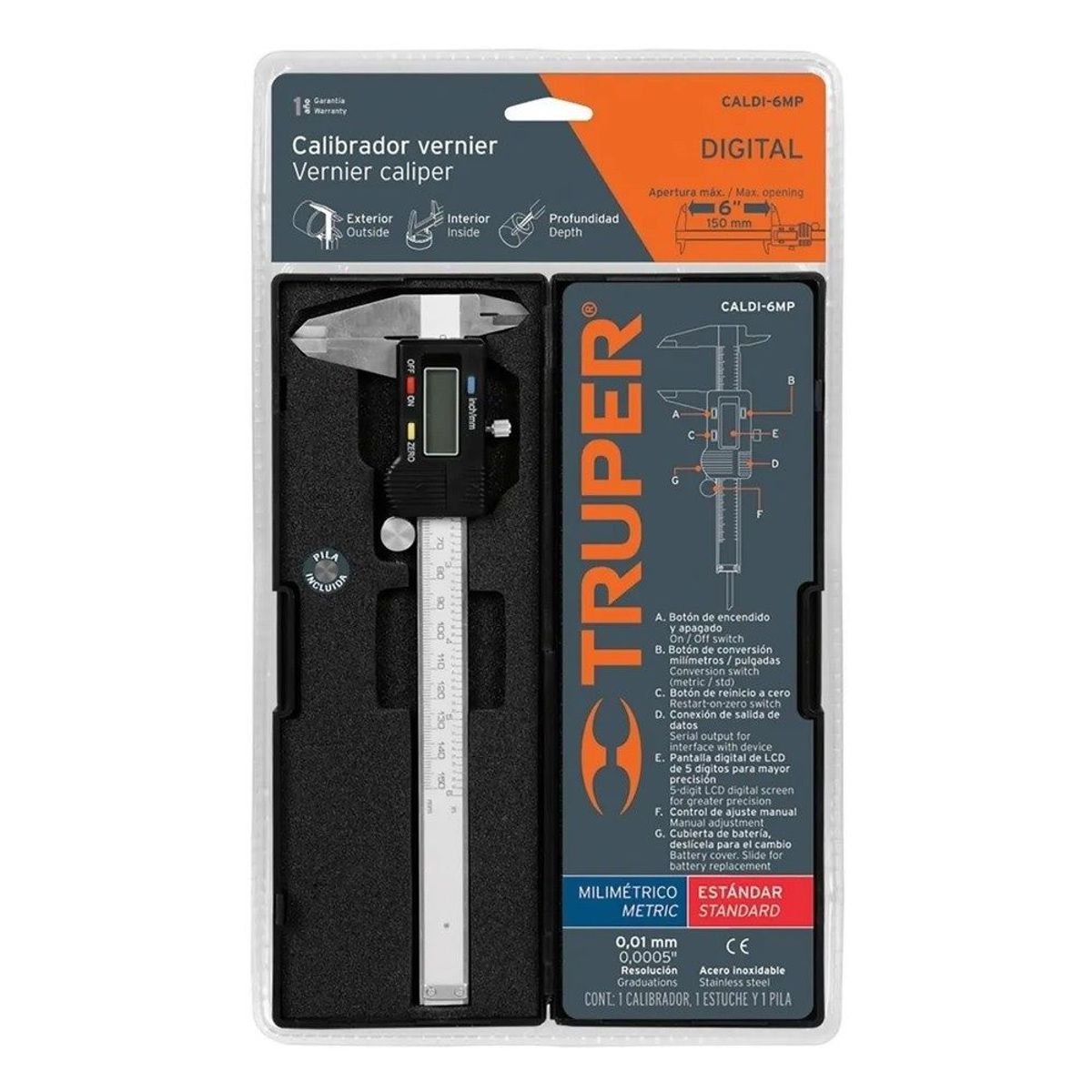 TRUPER - Calibrador Bernier Metálico Digital Truper  Milímetros y Pulgadas