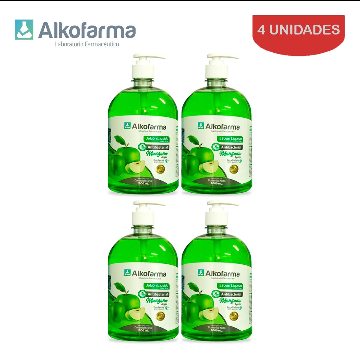 ALKOFARMA - Jabón líquido antibact. litro manzana ALKOFARMA. Pack 4 unid