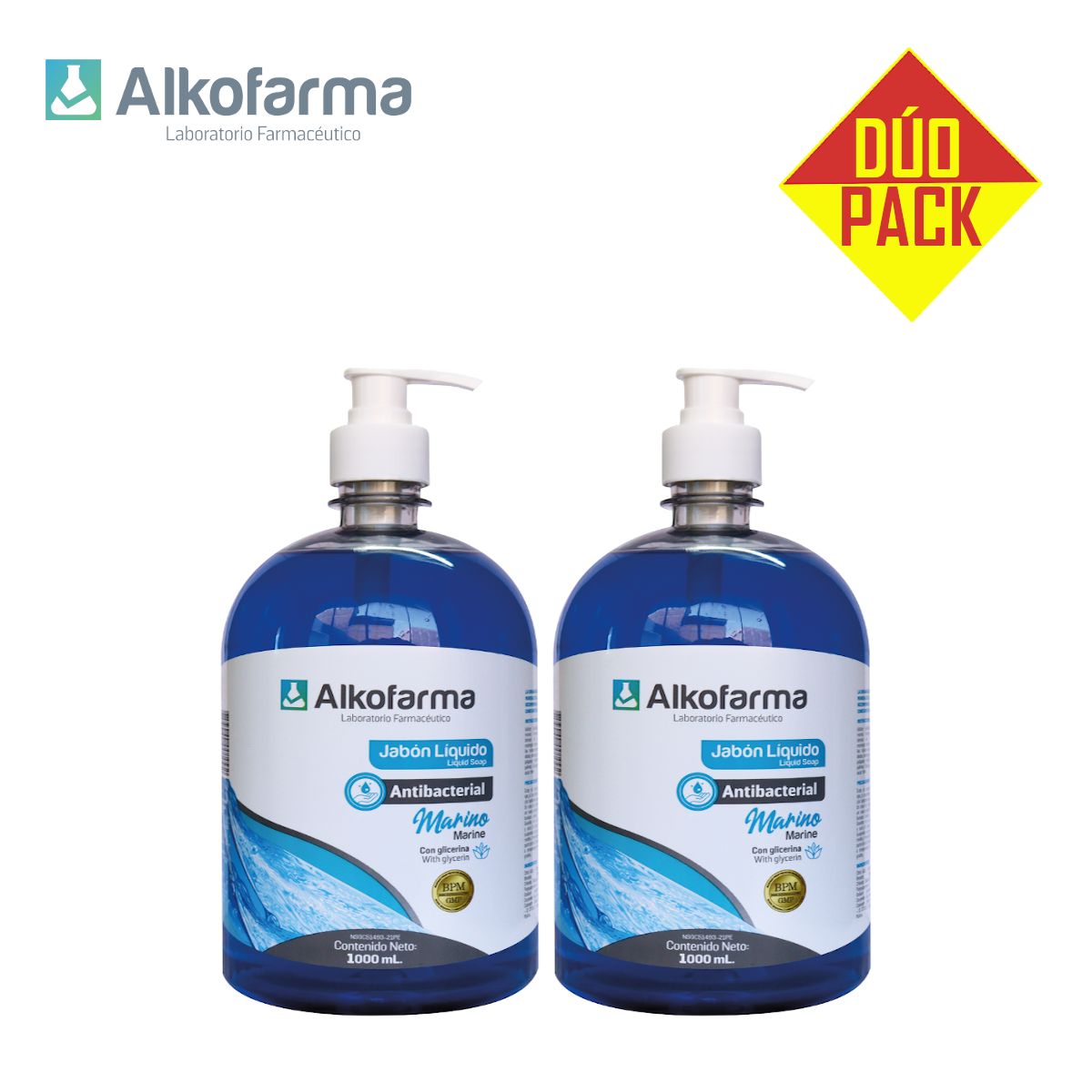 ALKOFARMA - Jabón líquido antibacterial litro marino ALKOFARMA DÚO PACK
