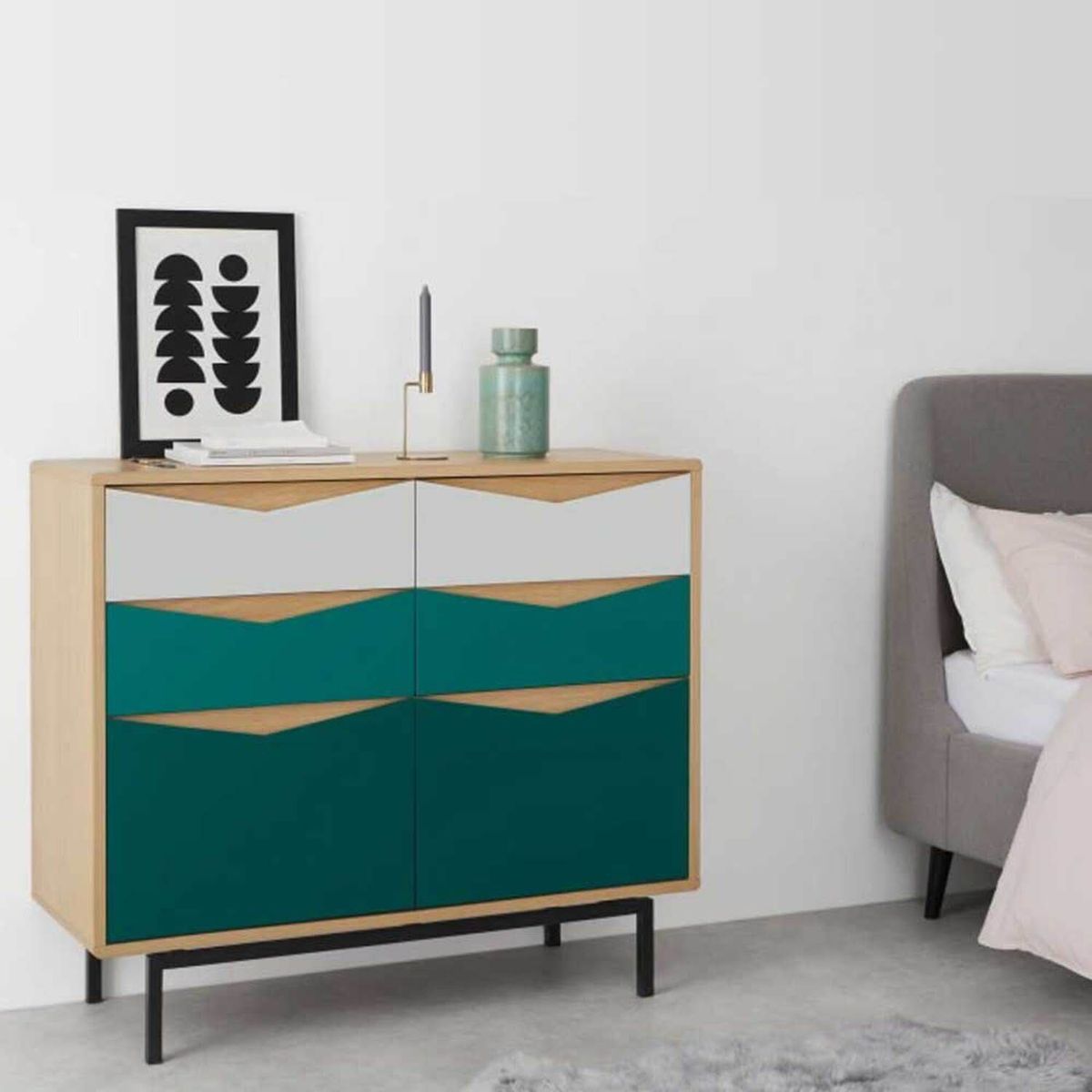 YOLODECORO - Cómoda Ancha 6 Cajones Louis Roble y Verde