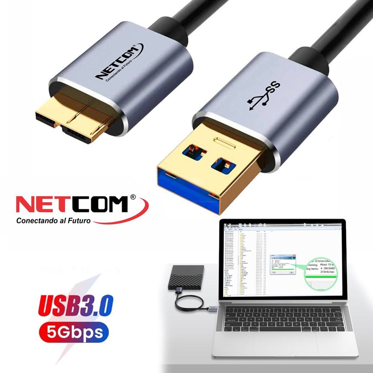 NETCOM - Cable USB 3.0 a Disco Duro Externo B NETCOM 1 metro USB 3.0 a Micro B