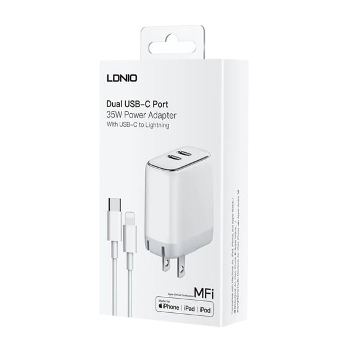 LDNIO - CARGADOR 35W MFI LDNIO A2528M 2XUSB-C- USB-C PARA LIGHTNING BLANCO