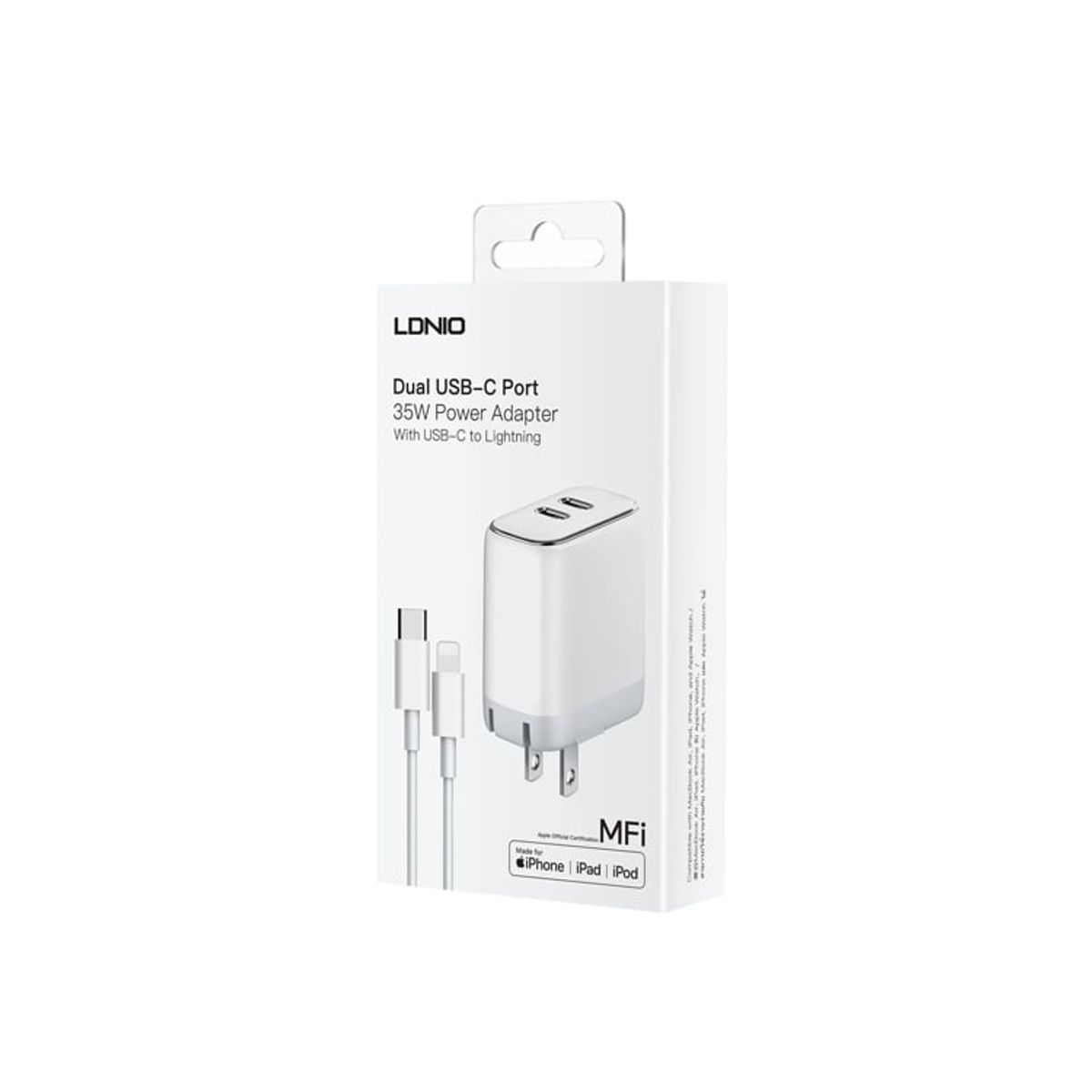 LDNIO - CARGADOR 35W MFI LDNIO A2528M 2XUSB-C- USB-C PARA LIGHTNING BLANCO