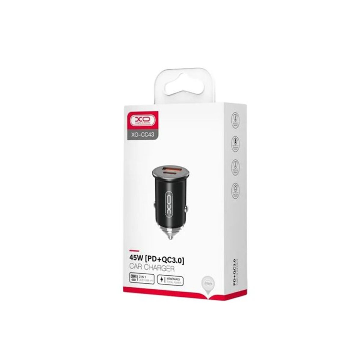 XO SIMPLE IS BEAUTY - CARGADOR DE AUTO 45W XO-CC43  PD QC 3.0 45W 1 USB 1 USB-C NEGRO