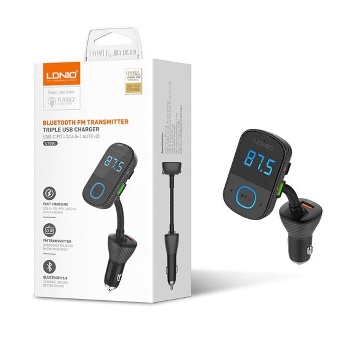 LDNIO - Cargador De Carro Transmisor De Bluetooth Y Ldnio C705Q