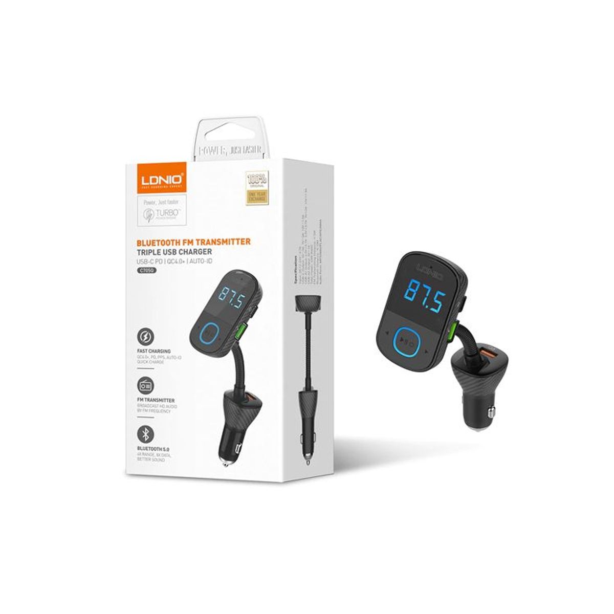 LDNIO - Cargador De Carro Transmisor De Bluetooth Y Ldnio C705Q