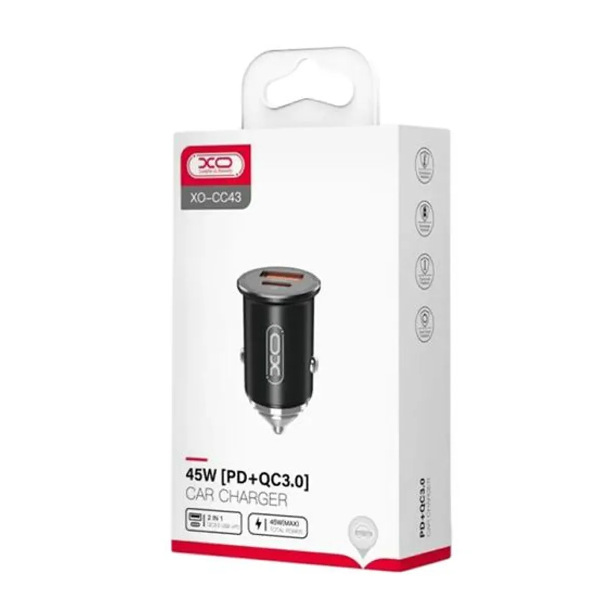 XO SIMPLE IS BEAUTY - Cargador De Auto 45W XO-CC43  PD QC 3.0 1 Usb 1 Usb-C Negro