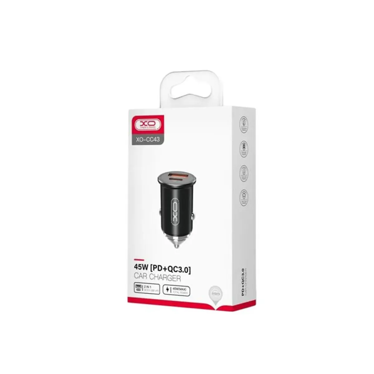 XO SIMPLE IS BEAUTY - Cargador De Auto 45W XO-CC43  PD QC 3.0 1 Usb 1 Usb-C Negro