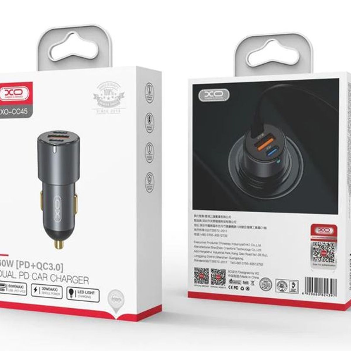 XO SIMPLE IS BEAUTY - Cargador De Auto XO CC45 PD 60W QC3.0 30W 1usb/2tipo-C Gris