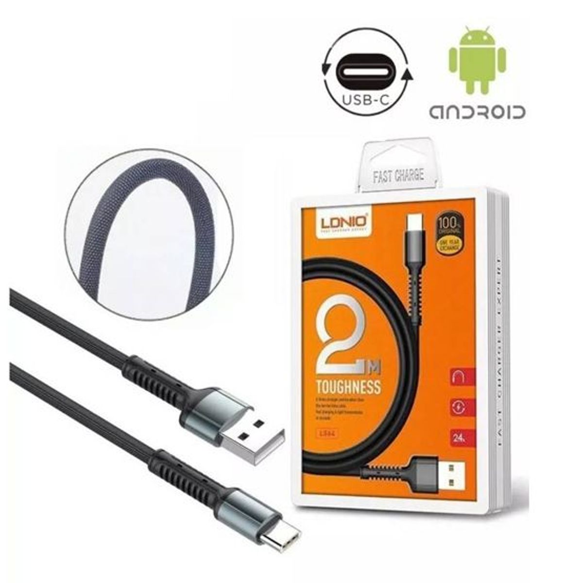 LDNIO - Cable LDNIO LS64 Usb Tipo-C Nylon Rápida 2.4a 2 Metros
