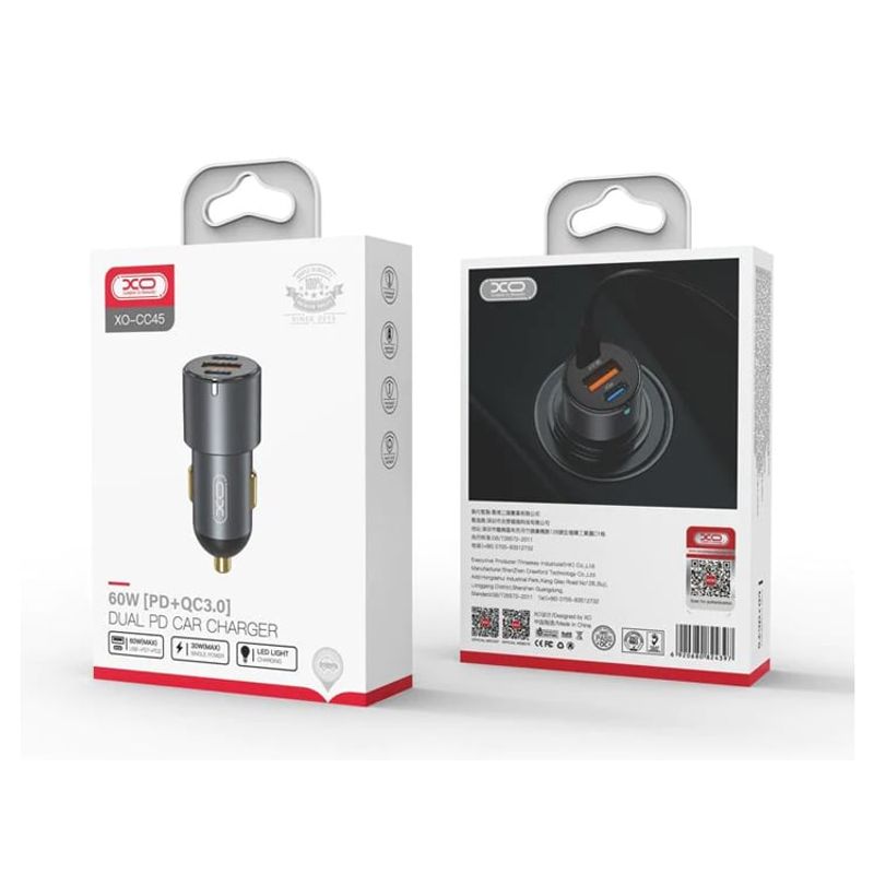 XO SIMPLE IS BEAUTY - Cargador De Auto XO CC45 PD 60W QC3.0 30W 1usb/2tipo-C Gris