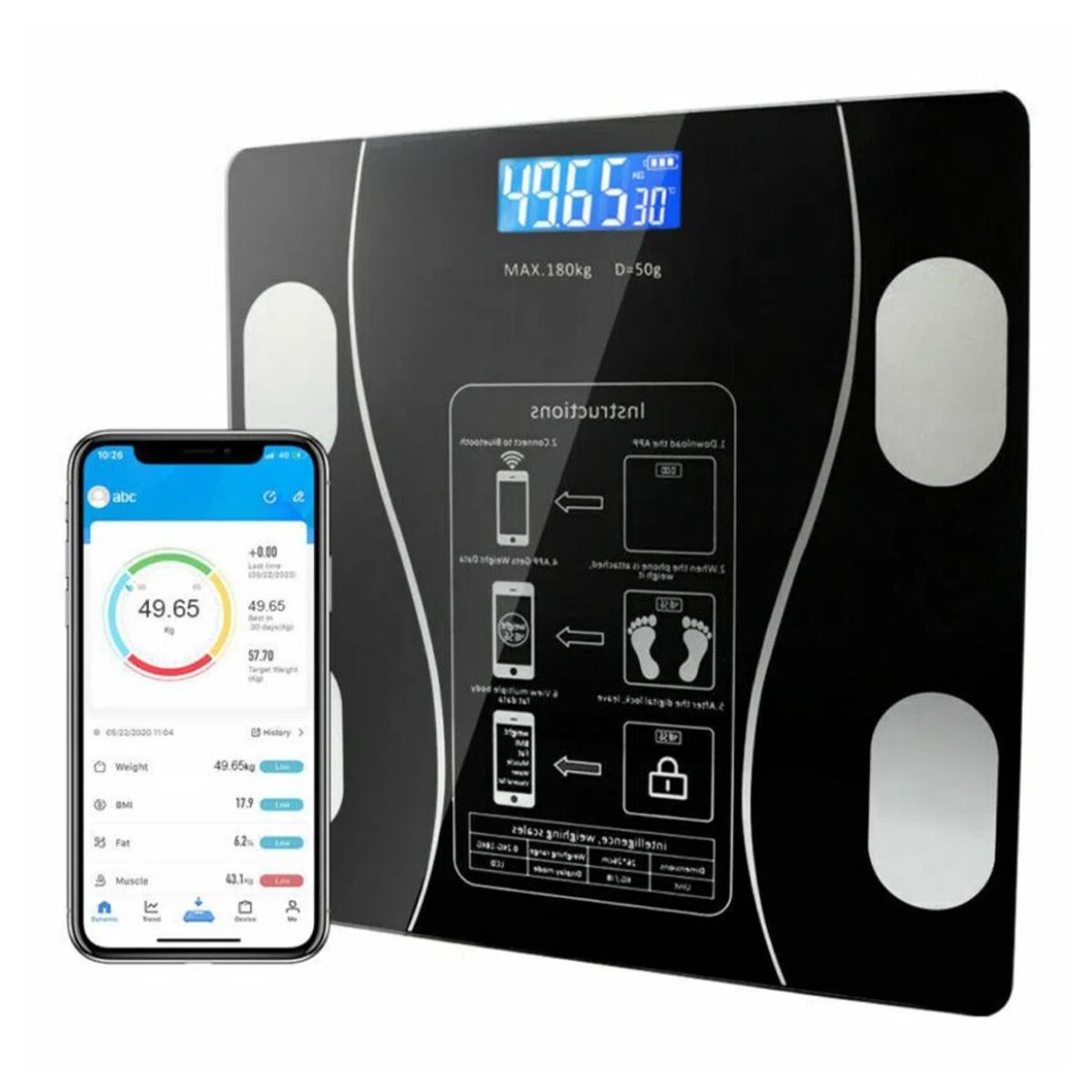 OEM - Balanza Digital Bluetooh 180 Kg vidrio templado NEGRO