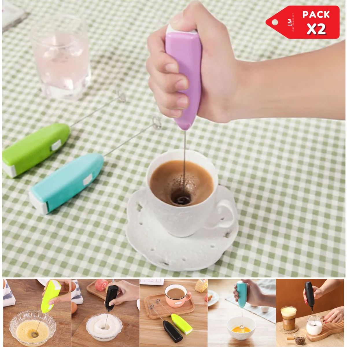 INSPIRA MARKET - Mini batidor de huevos cafe eléctrico de mano pack x2